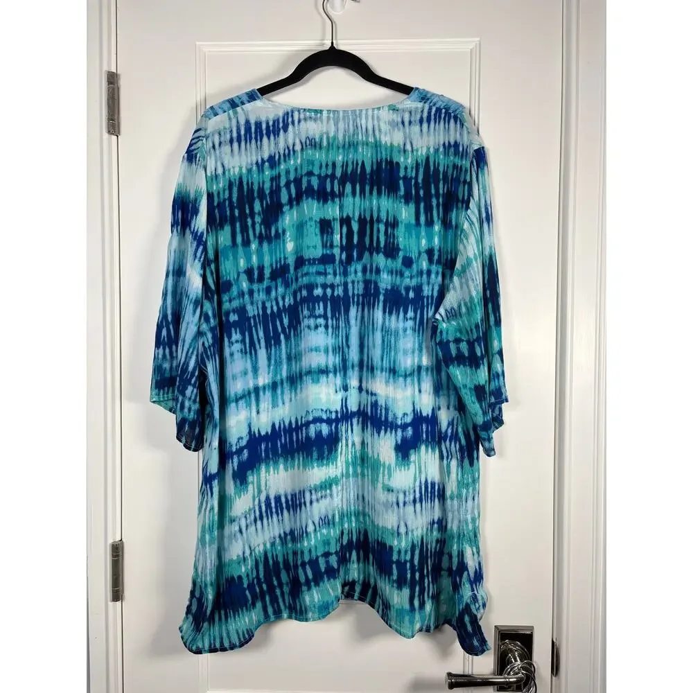 Liz & Me Catherines Blue Tie Dye Boho Embroidered Beaded Tunic Blouse Top 3X - Picture 2 of 3